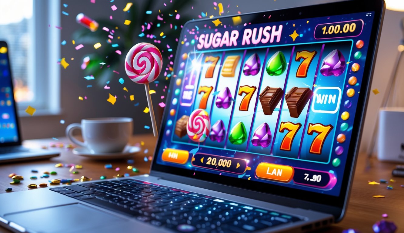 Layar komputer menampilkan permainan mesin slot online dengan simbol permen berwarna-warni dan efek cahaya kemenangan di sebuah meja kerja modern.