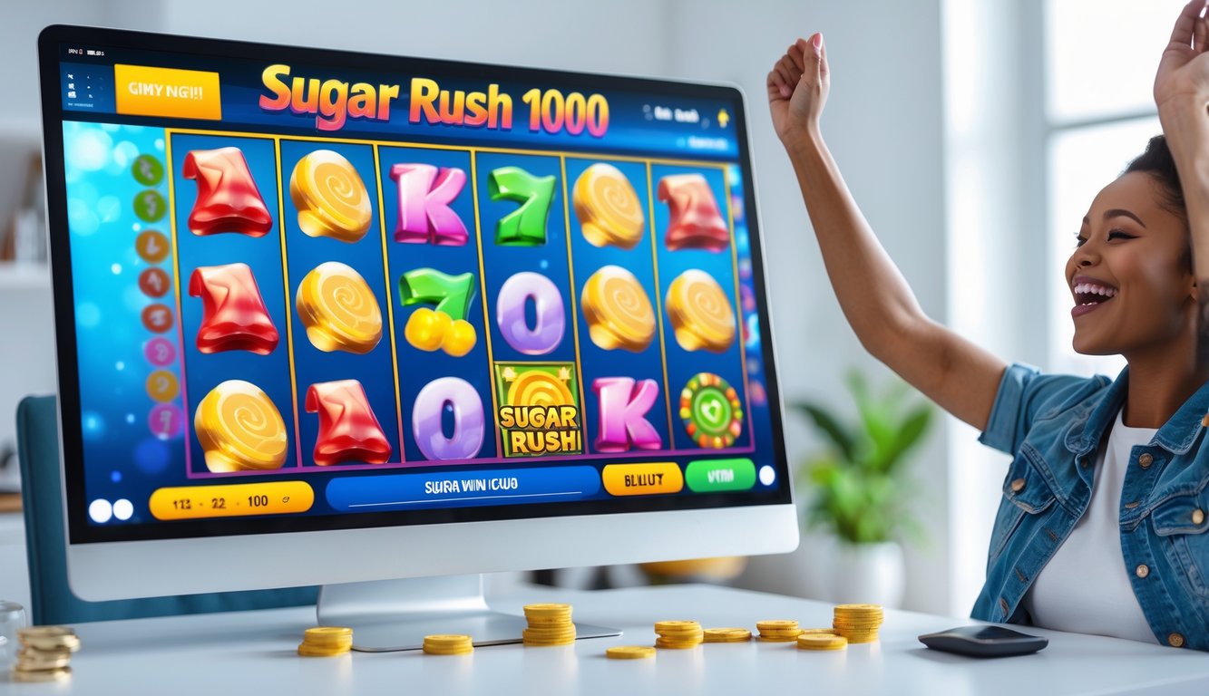 Seseorang merayakan kemenangan saat bermain permainan slot online dengan layar komputer yang menampilkan simbol permen berwarna-warni.