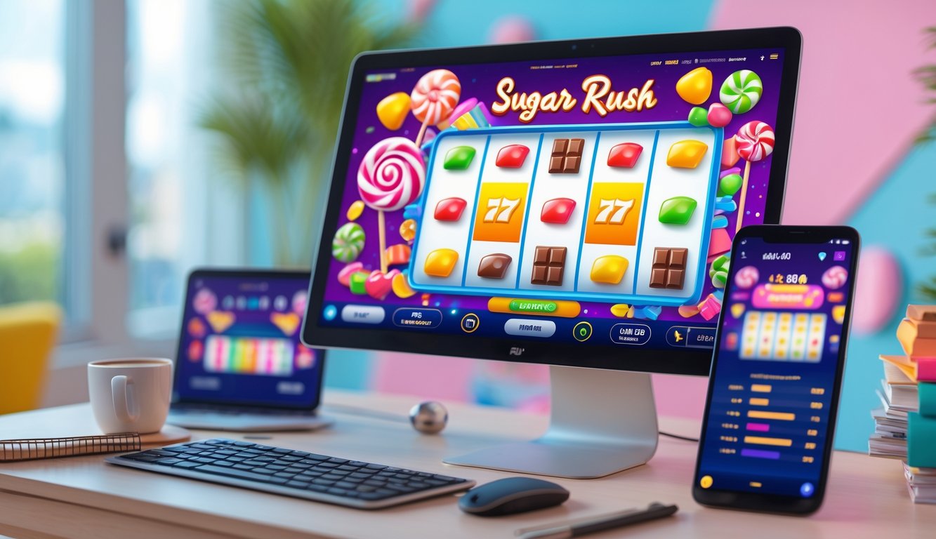 Seorang pemain sedang menggunakan komputer dengan permainan slot online bertema permen berwarna-warni di layar, di meja terdapat kopi, ponsel, dan buku catatan.