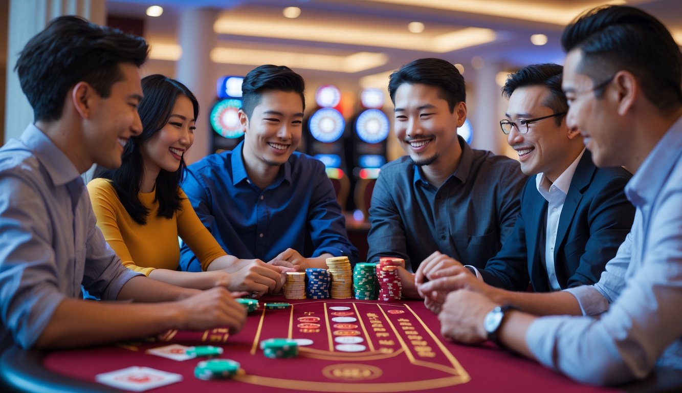 Meja kasino dengan kartu Pai Gow Poker dan chip, dua orang sedang bermain dengan suasana ramah dan fokus.