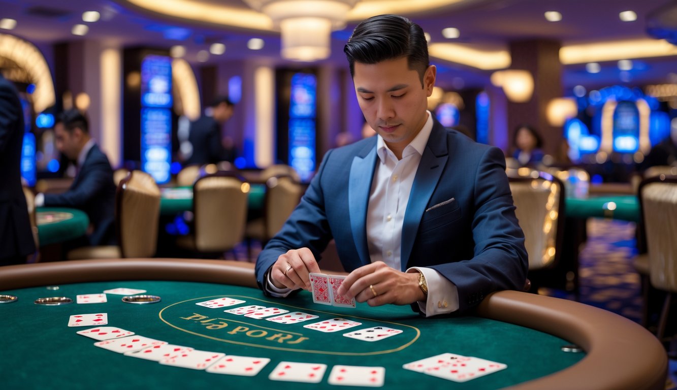 Seorang pemain berjudi di meja Pai Gow Poker dengan kartu dan ubin permainan, tampak fokus dan tenang di kasino.