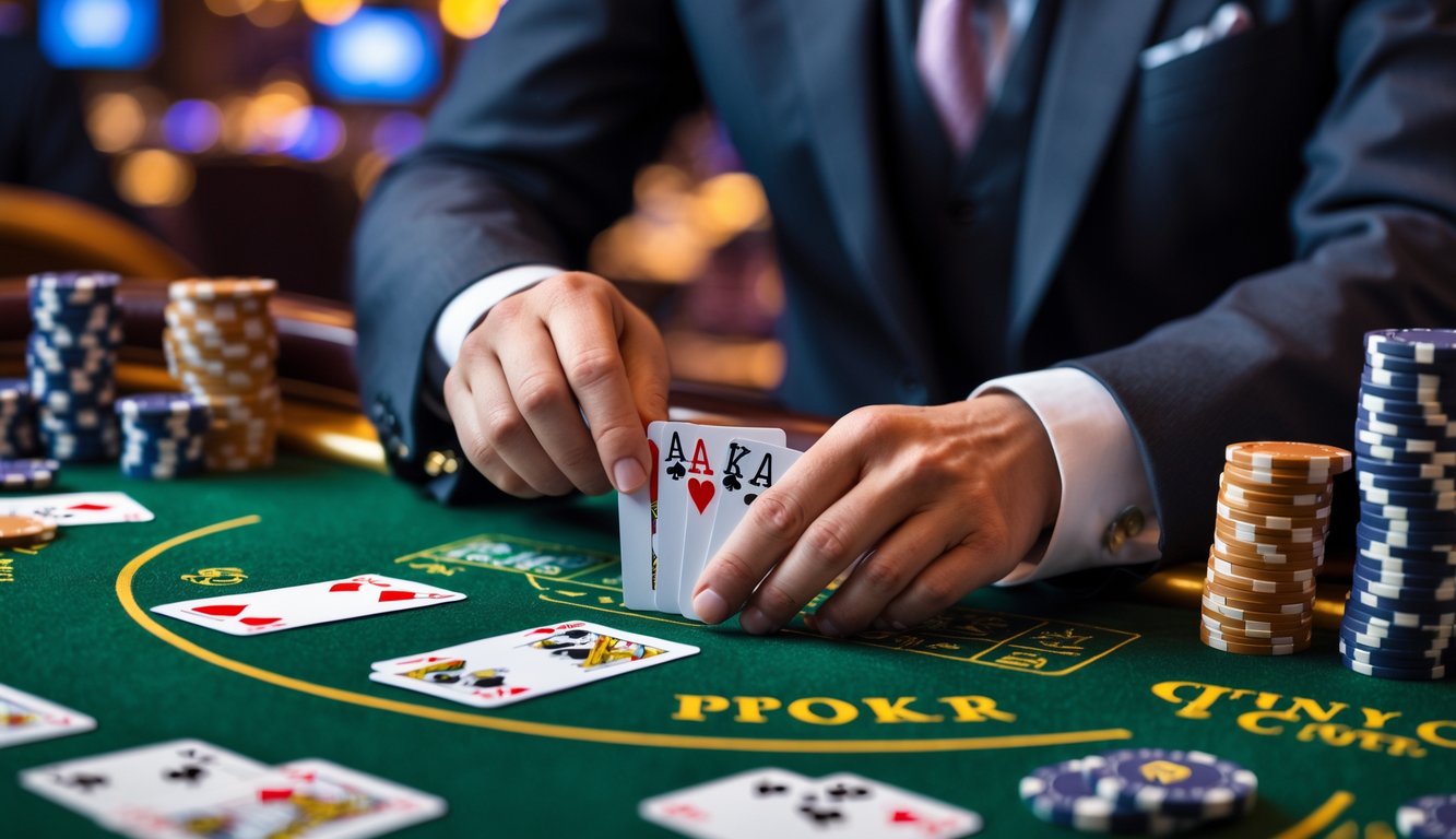 Seorang pemain berjudi sedang mengatur kartu Pai Gow Poker di meja kasino dengan tumpukan chip di sekitarnya.
