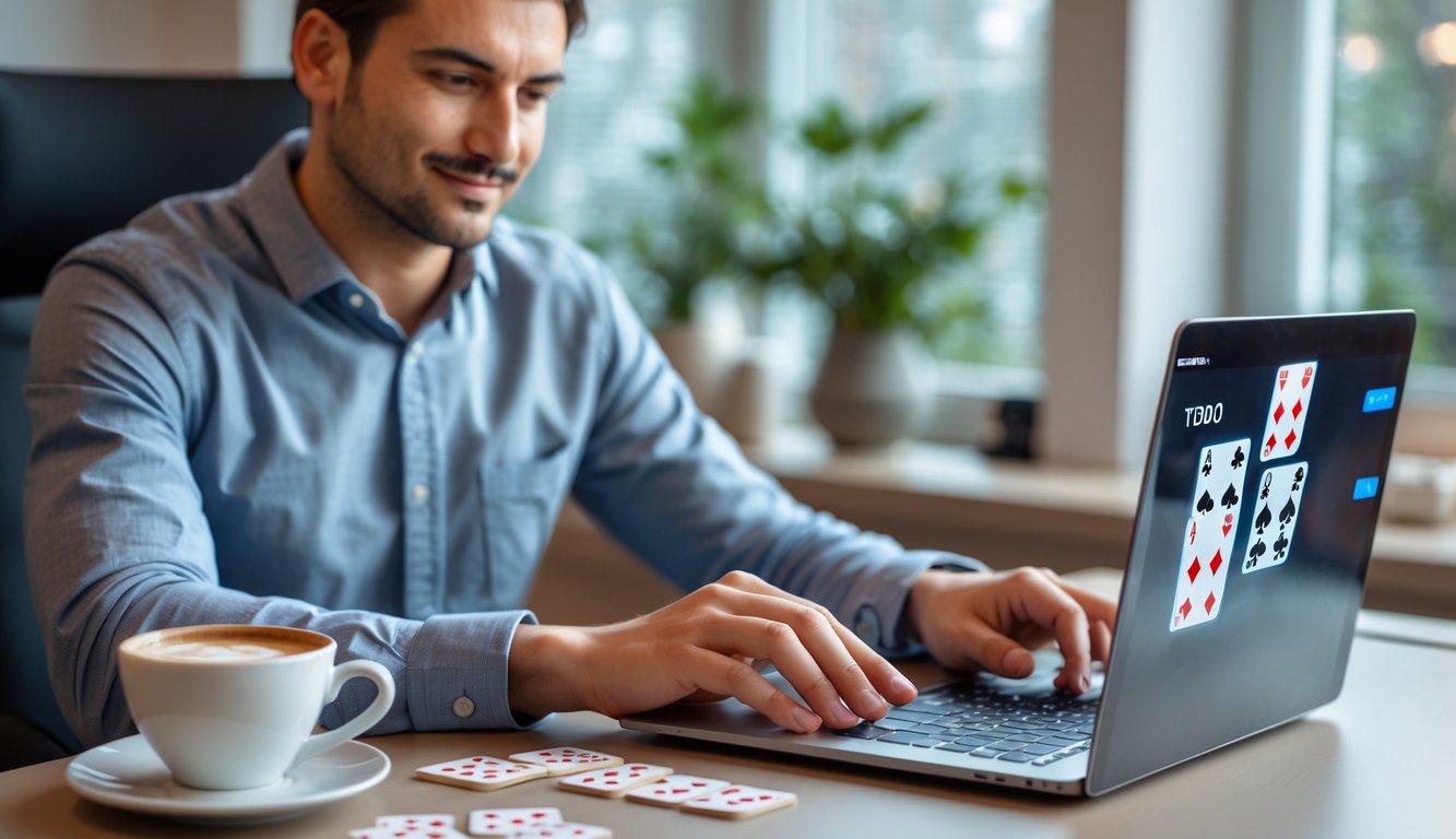 Seorang pria fokus bermain Pai Gow Poker online di laptop di ruang kerja rumah yang rapi dan terang.