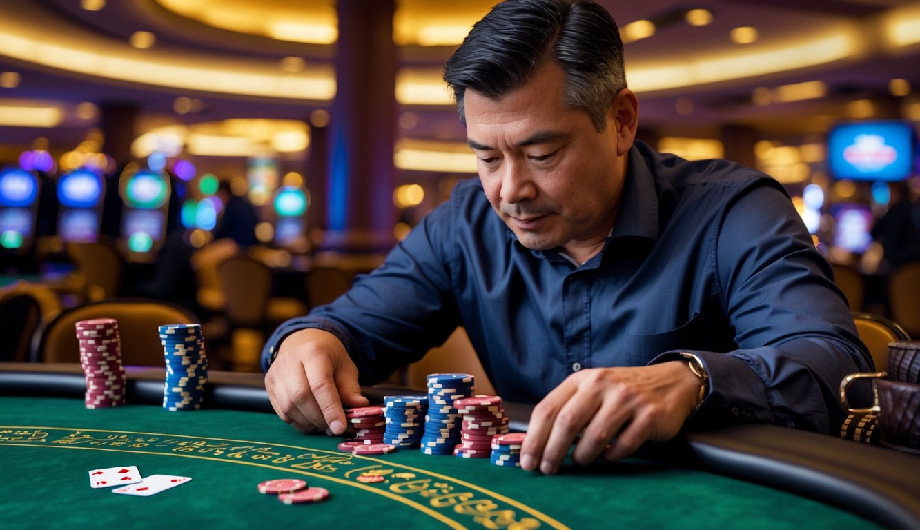 Seorang pria dewasa sedang fokus bermain Pai Gow Poker di meja kasino dengan suasana yang tenang dan profesional.