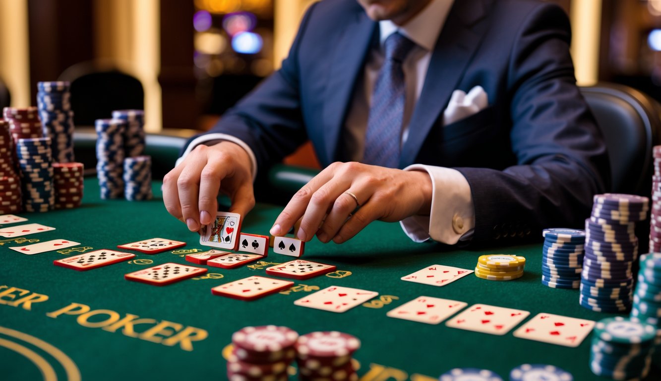 Seorang pemain poker berpengalaman sedang fokus bermain Pai Gow Poker di meja kasino dengan tumpukan chip dan kartu.