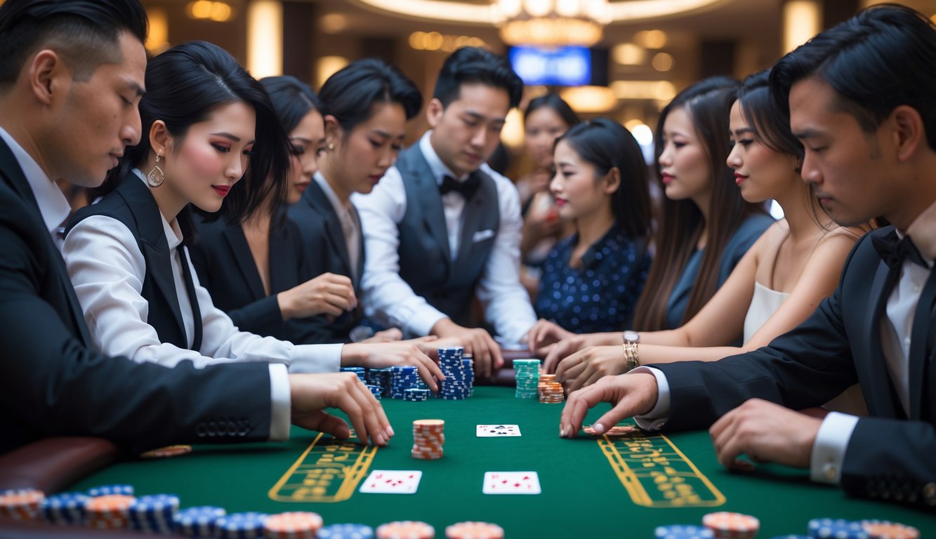 Sekelompok orang sedang bermain Pai Gow Poker di meja kasino dengan kartu dan chip poker, fokus dan serius dalam suasana kasino.