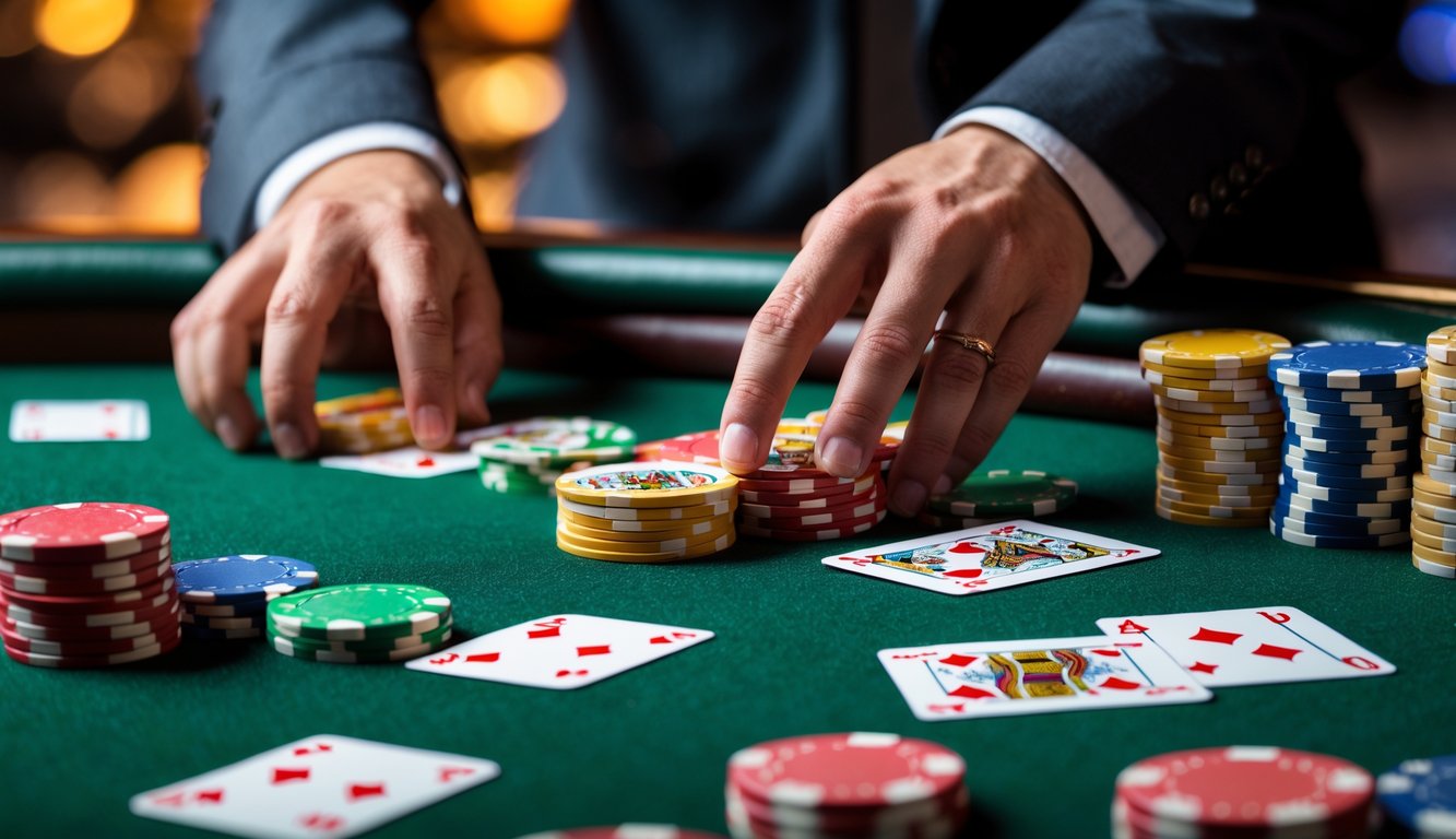 Tangan dealer sedang mengatur kartu dan ubin Pai Gow Poker di meja kasino dengan tumpukan chip taruhan kecil.