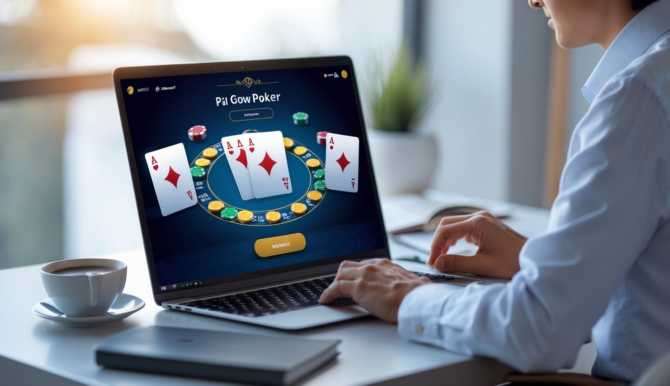 Seseorang yang fokus bermain Pai Gow Poker online di laptop di sebuah ruangan modern dengan pencahayaan alami.