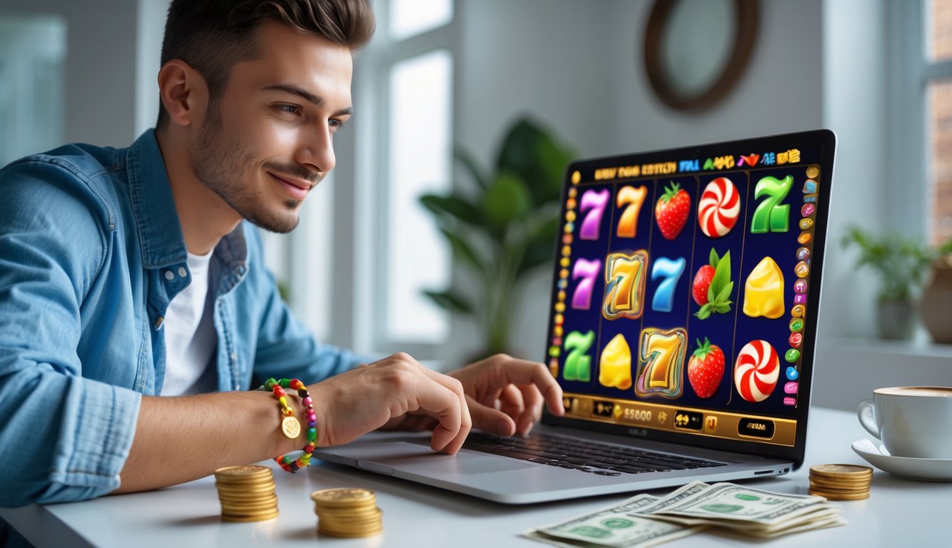 Seorang pria muda duduk di meja modern sambil bermain permainan slot online dengan tema permen di laptop, di ruangan yang terang dan rapi.