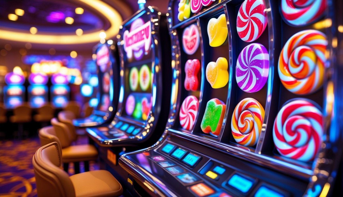 Mesin slot warna-warni dengan simbol permen dan buah di layar, di dalam suasana kasino yang cerah.