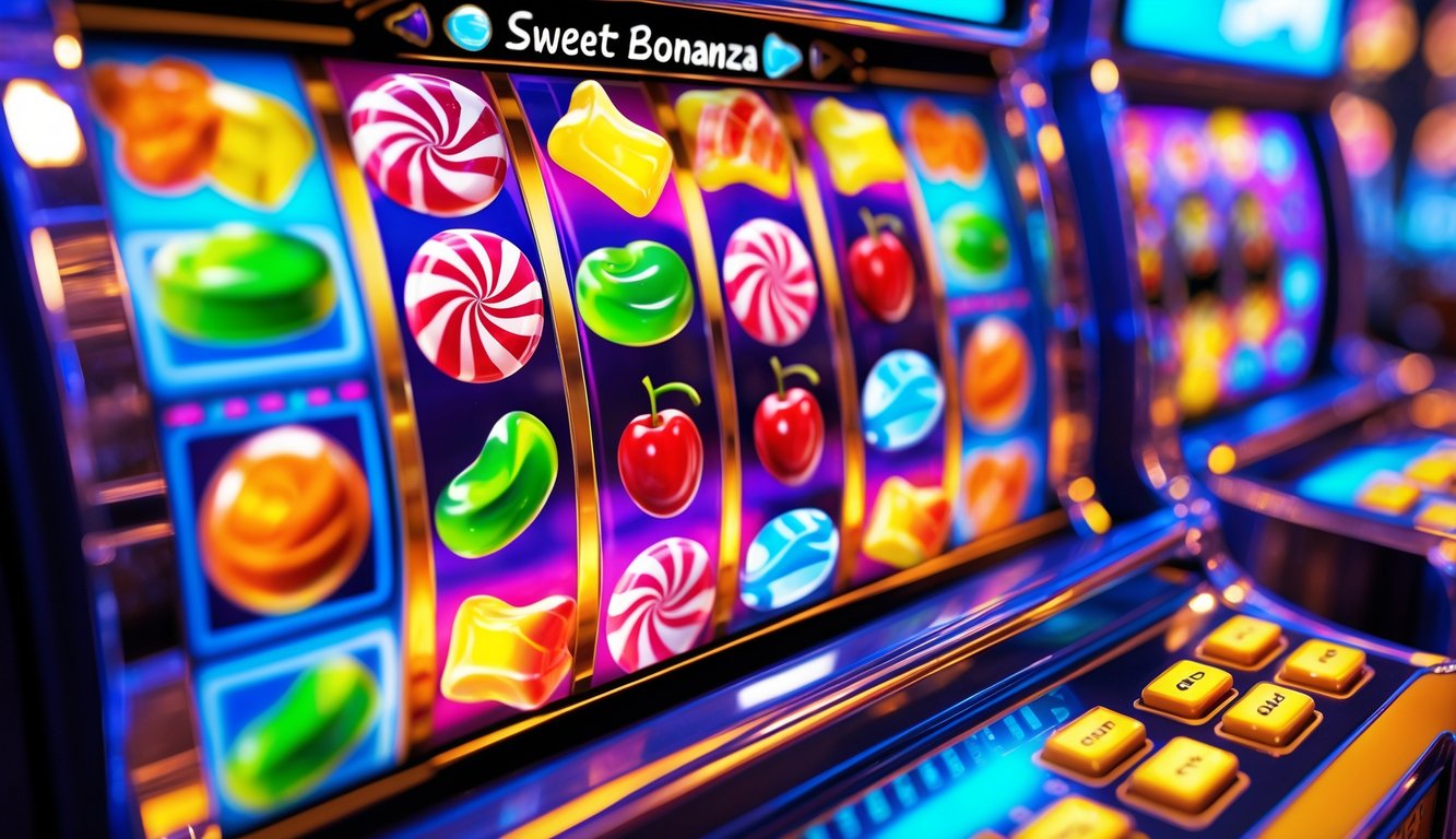 Mesin slot dengan simbol permen berwarna-warni dan latar belakang kabur yang hangat dan menarik.