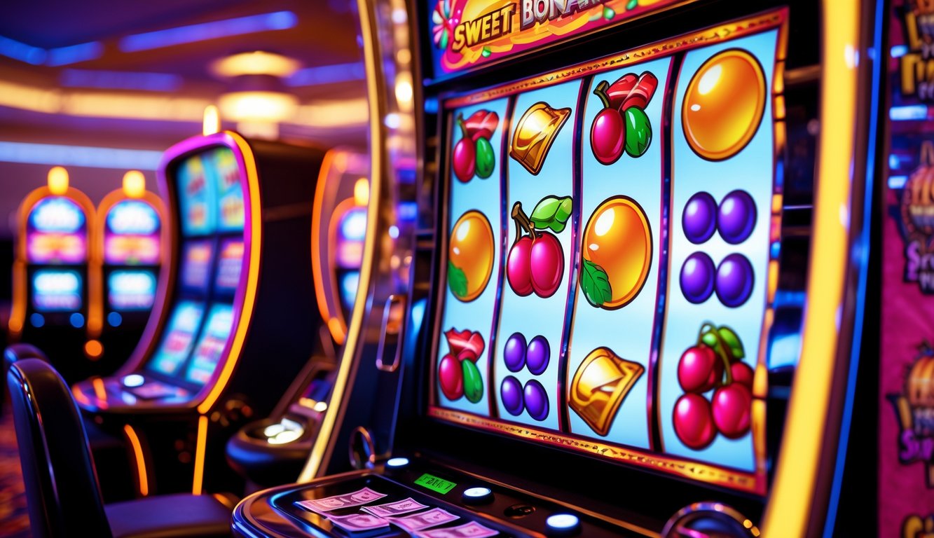 Mesin slot warna-warni dengan simbol buah dan permen, koin dan uang kertas tersebar di sekitar, di dalam kasino yang mewah.