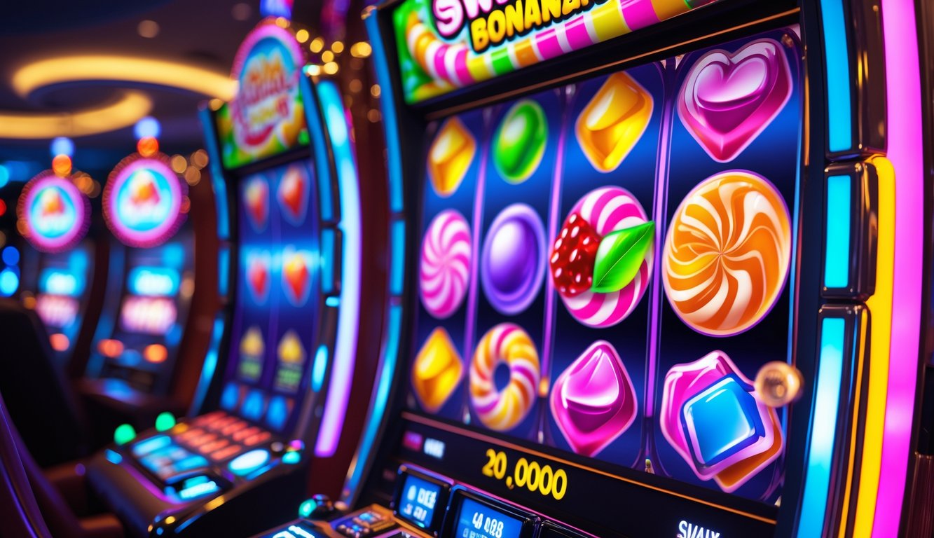 Mesin slot berwarna cerah dengan gulungan berisi permen dan buah, di dalam suasana kasino yang ramai dan terang.
