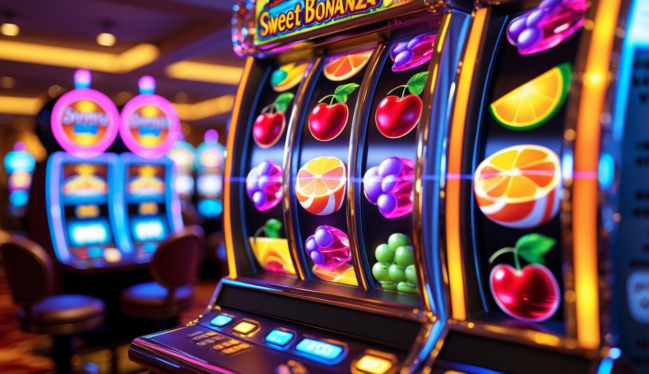 Mesin slot Sweet Bonanza berwarna cerah dengan simbol buah dan permen, dikelilingi lampu berkilau di dalam kasino.
