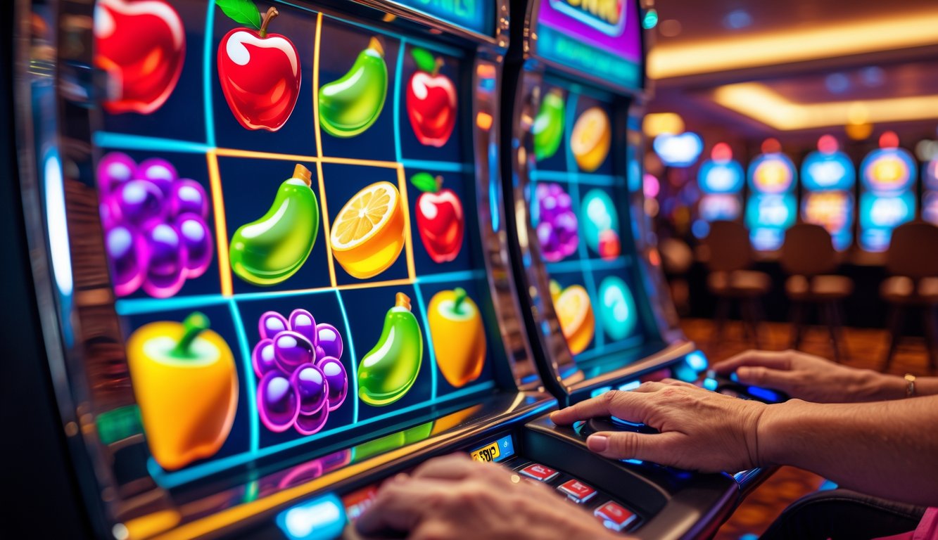 Tangan pemain sedang menekan tombol putar pada mesin slot dengan simbol buah dan permen berwarna-warni di kasino.