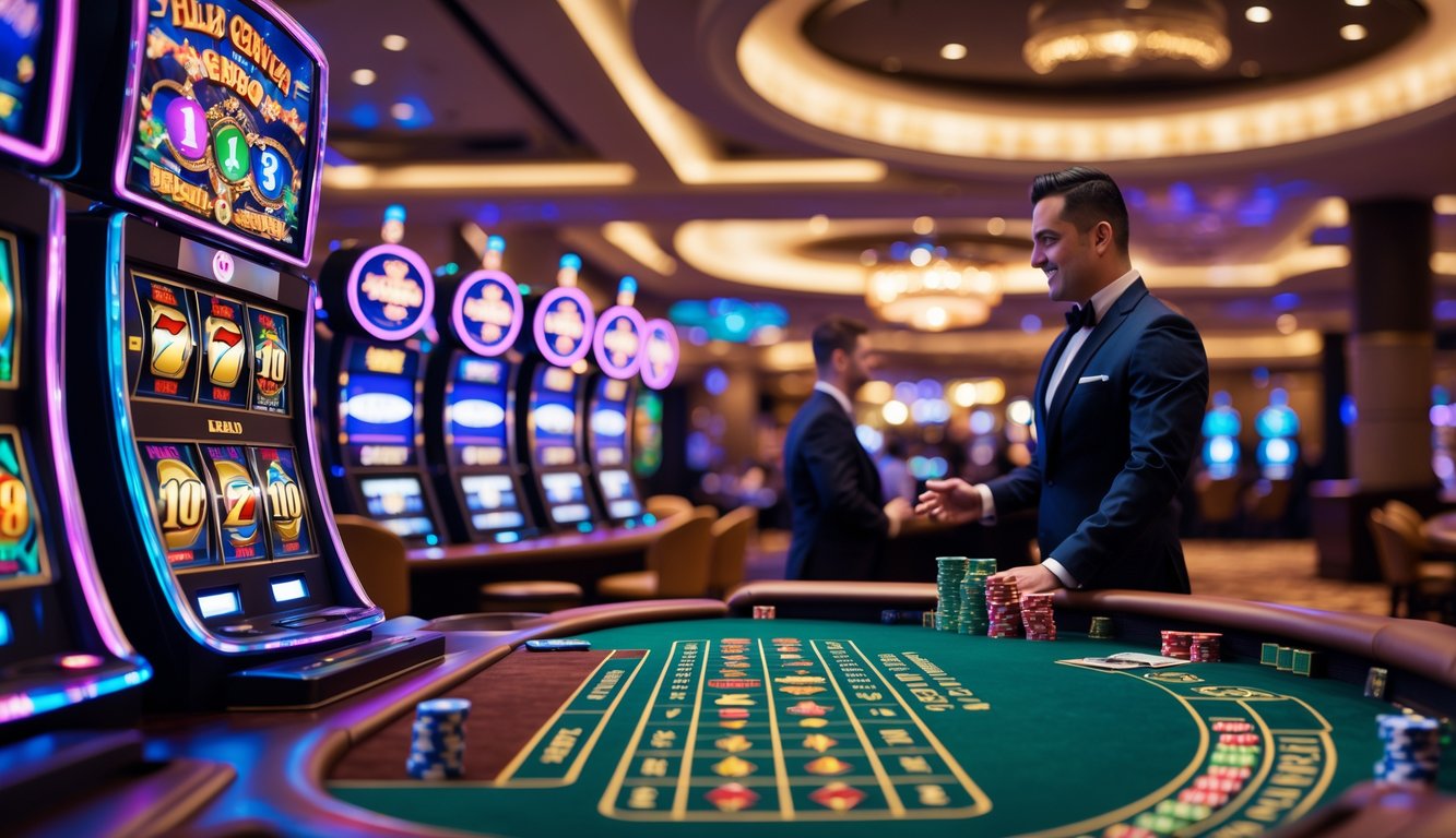 Suasana kasino modern dengan mesin slot berwarna-warni, meja kasino langsung dengan dealer dan pemain, serta suasana mewah dan hidup di dalam ruangan.