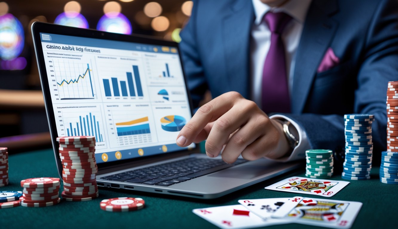 Seorang individu sedang mengelola modal dan risiko judi casino dengan laptop, chip poker, dan kartu bermain di meja.
