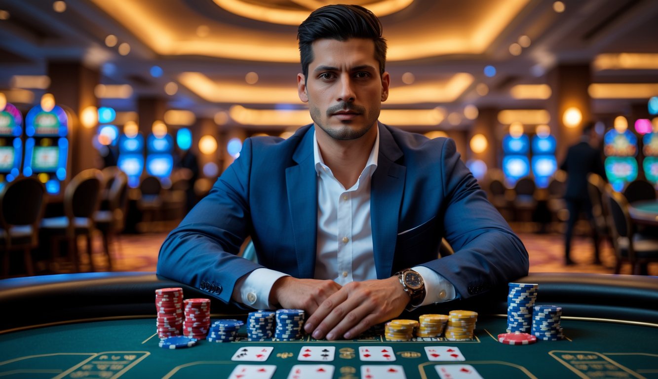 Seorang pria duduk tenang di meja kasino dengan chip poker dan kartu di depannya, suasana kasino mewah di latar belakang.