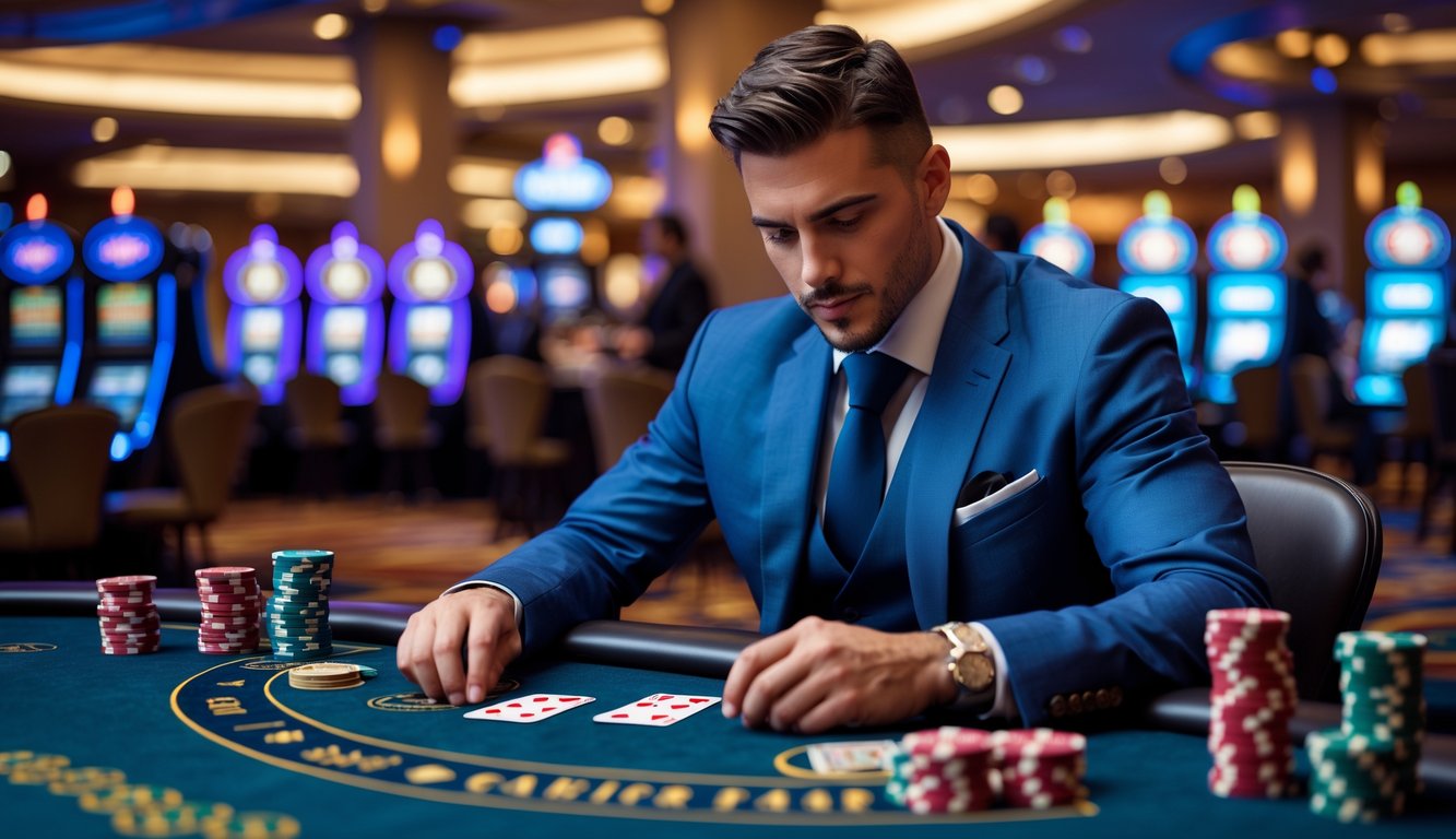 Seorang pria percaya diri duduk di meja kasino dengan chip poker dan kartu bermain, fokus menganalisis kartu di lingkungan kasino mewah.