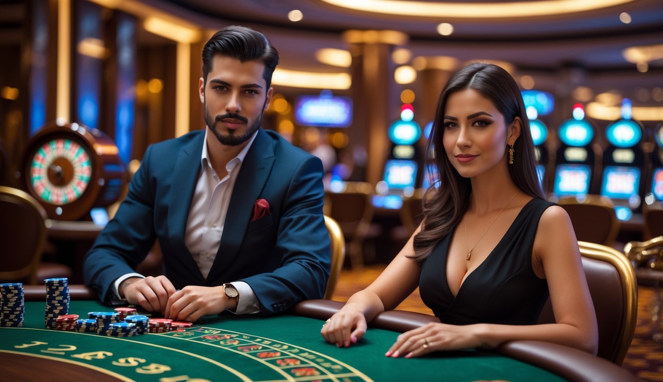 Seorang pria dan wanita berpakaian rapi duduk di meja poker di dalam kasino mewah dengan chip dan kartu permainan di depan mereka.