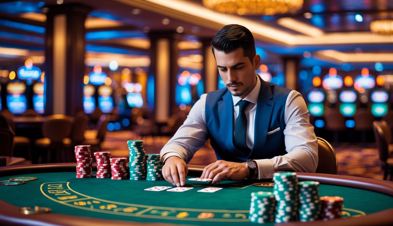 Seorang pria berpakaian rapi sedang duduk di meja poker di dalam kasino dengan tumpukan chip dan suasana kasino yang elegan.