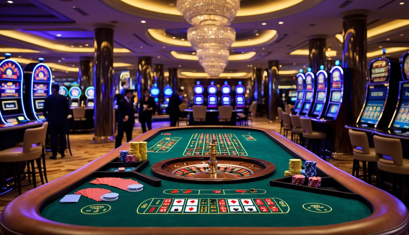 Suasana interior kasino mewah dengan meja permainan slot, roulette, dan baccarat, serta beberapa pemain yang sedang bermain.