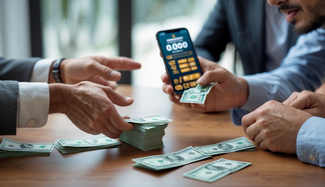 Dua pria sedang bertaruh pada sabung ayam dengan uang dan ponsel di atas meja dalam ruangan yang terang.