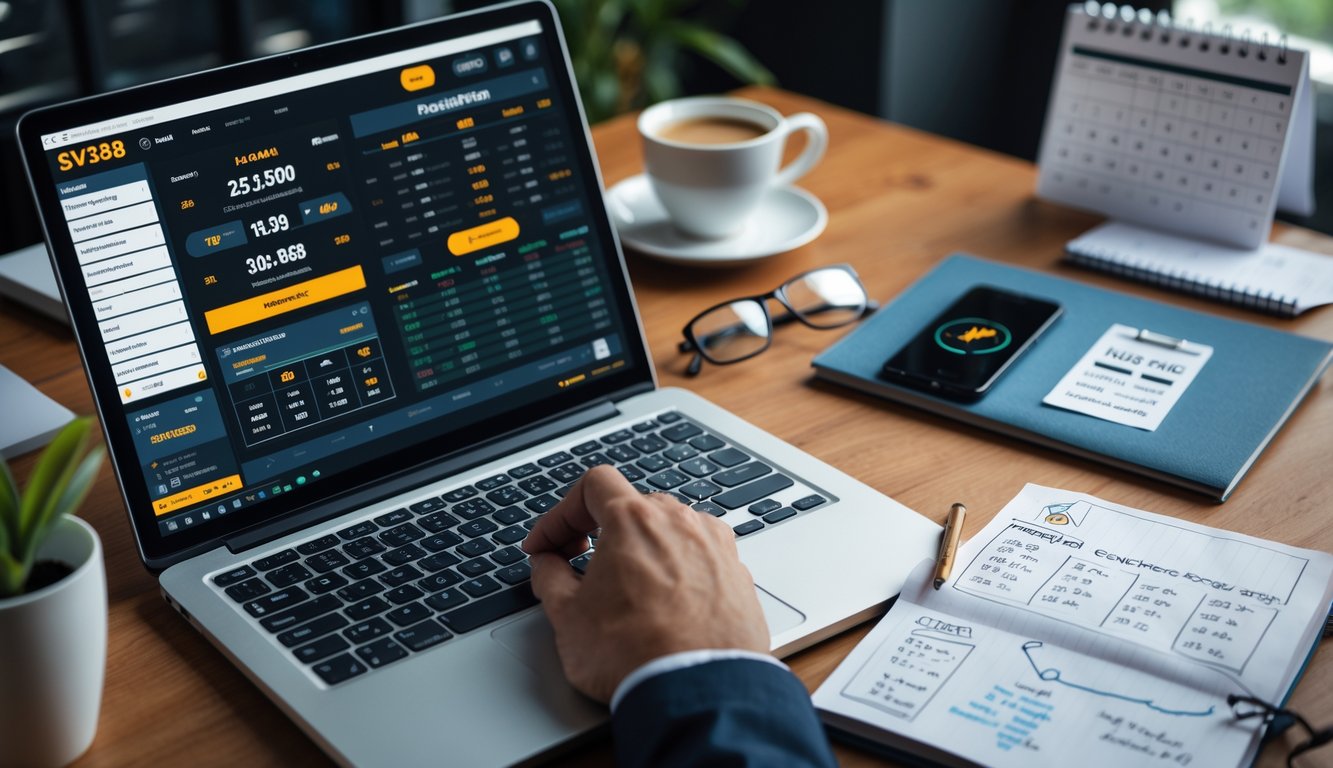 Meja kerja dengan laptop, ponsel menampilkan pertandingan sabung ayam, dan catatan strategi taruhan.