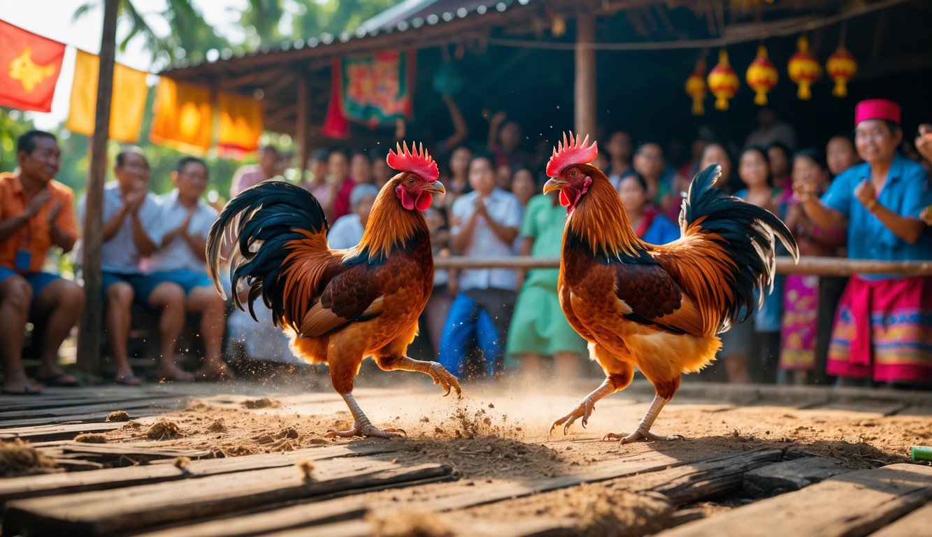 Dua ayam jago sedang bertarung di arena sabung ayam dengan penonton yang antusias mengelilingi mereka.