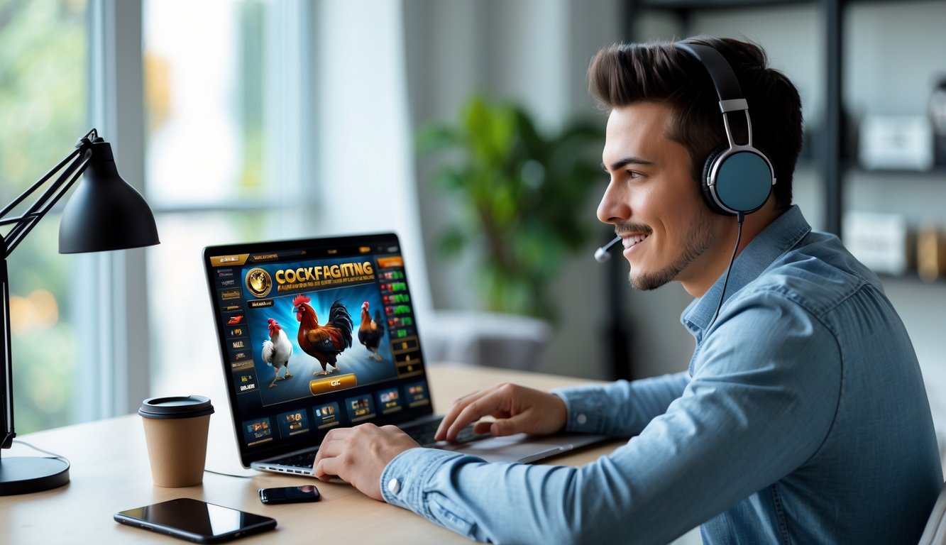 Seorang pria muda duduk di meja dengan laptop, fokus pada permainan sabung ayam virtual di layar.