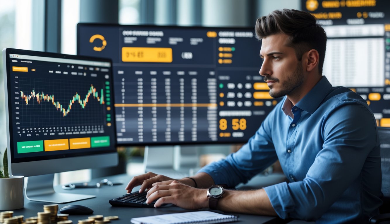 Seorang pria sedang menganalisis statistik dan data pada layar komputer di ruang kantor modern.