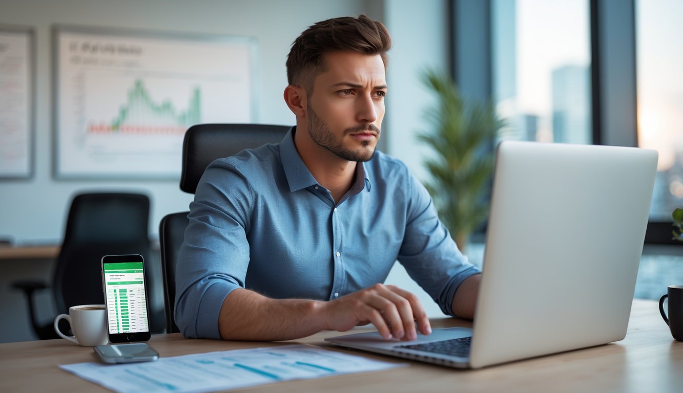 Seorang pria fokus duduk di meja dengan laptop dan smartphone, menganalisis data taruhan sabung ayam online di ruangan kantor yang terang.