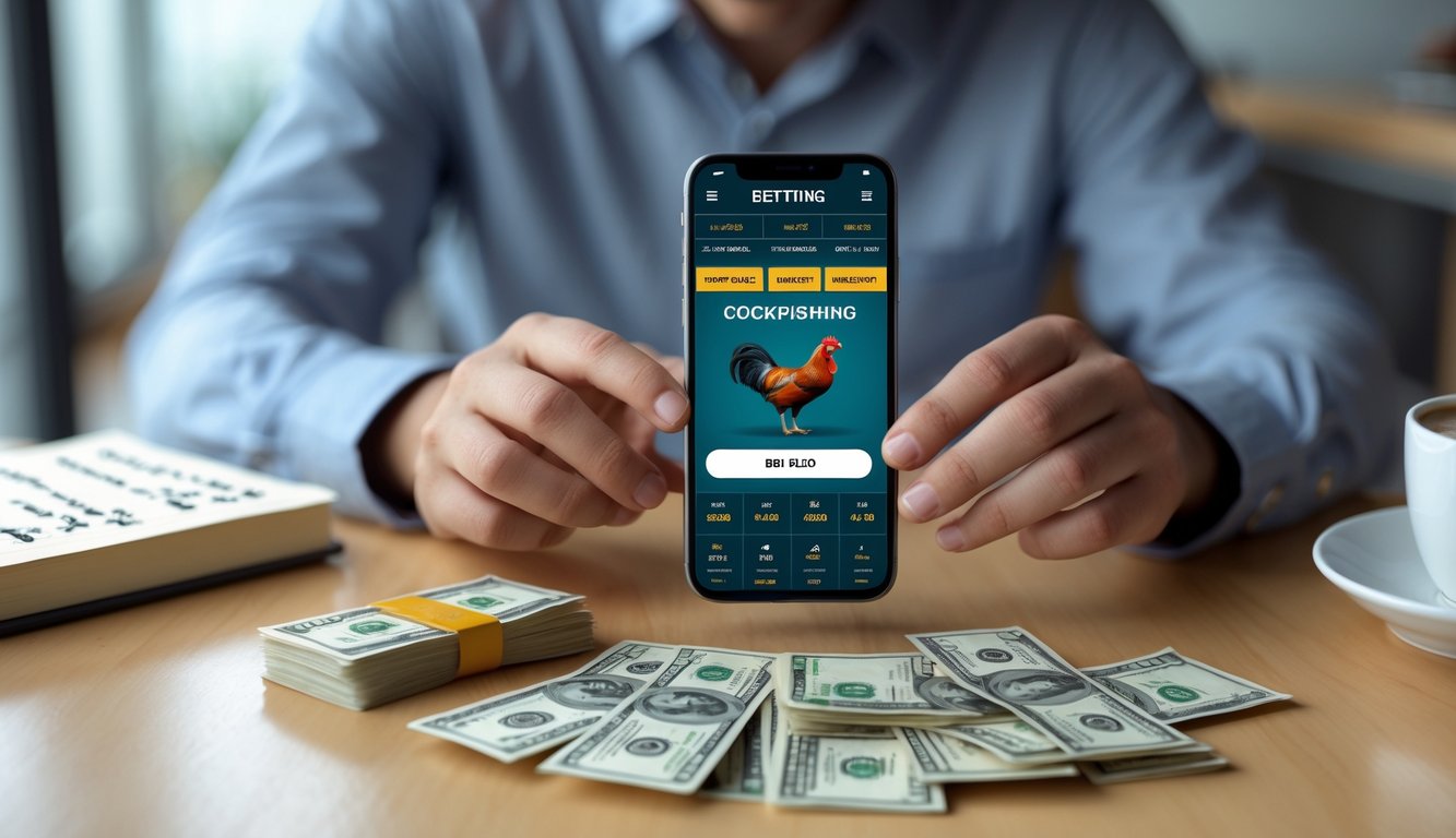 Seorang pria sedang memeriksa uang dan ponsel dengan aplikasi taruhan di atas meja kayu dengan catatan dan cangkir kopi.