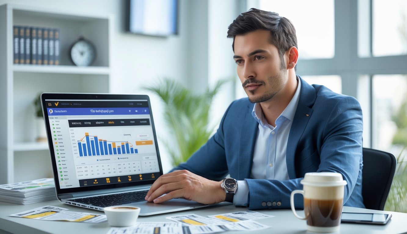 Seorang pria duduk di meja kantor dengan laptop dan smartphone, fokus menganalisis data taruhan sabung ayam secara online.