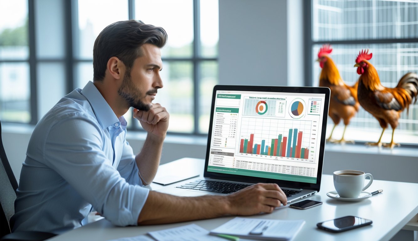 Seorang pria duduk di meja kerja dengan laptop, menganalisis data dan grafik terkait prediksi sabung ayam, di sebuah kantor yang terang dan rapi.
