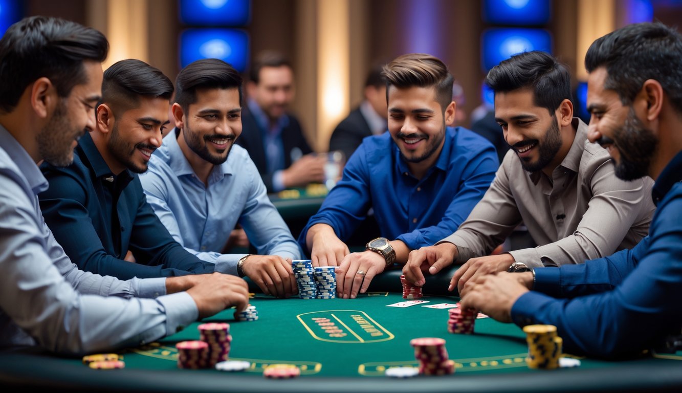 Sekelompok pria sedang bermain poker Texas Hold’em di meja hijau dengan tumpukan chip dan kartu, terlihat serius dan fokus.