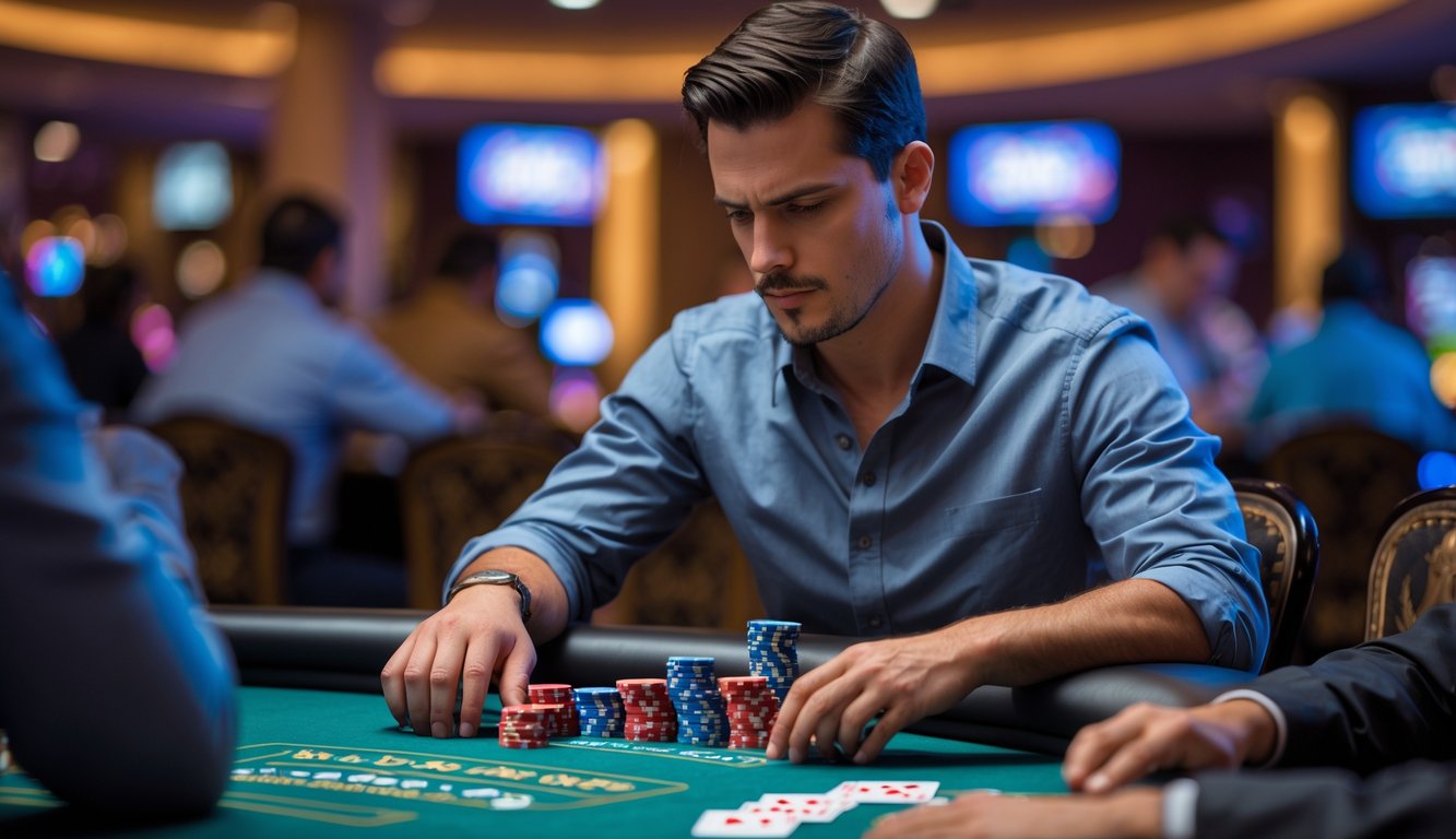 Seorang pria fokus bermain poker Texas Hold’em di meja kasino dengan tumpukan chip dan kartu di tangannya.