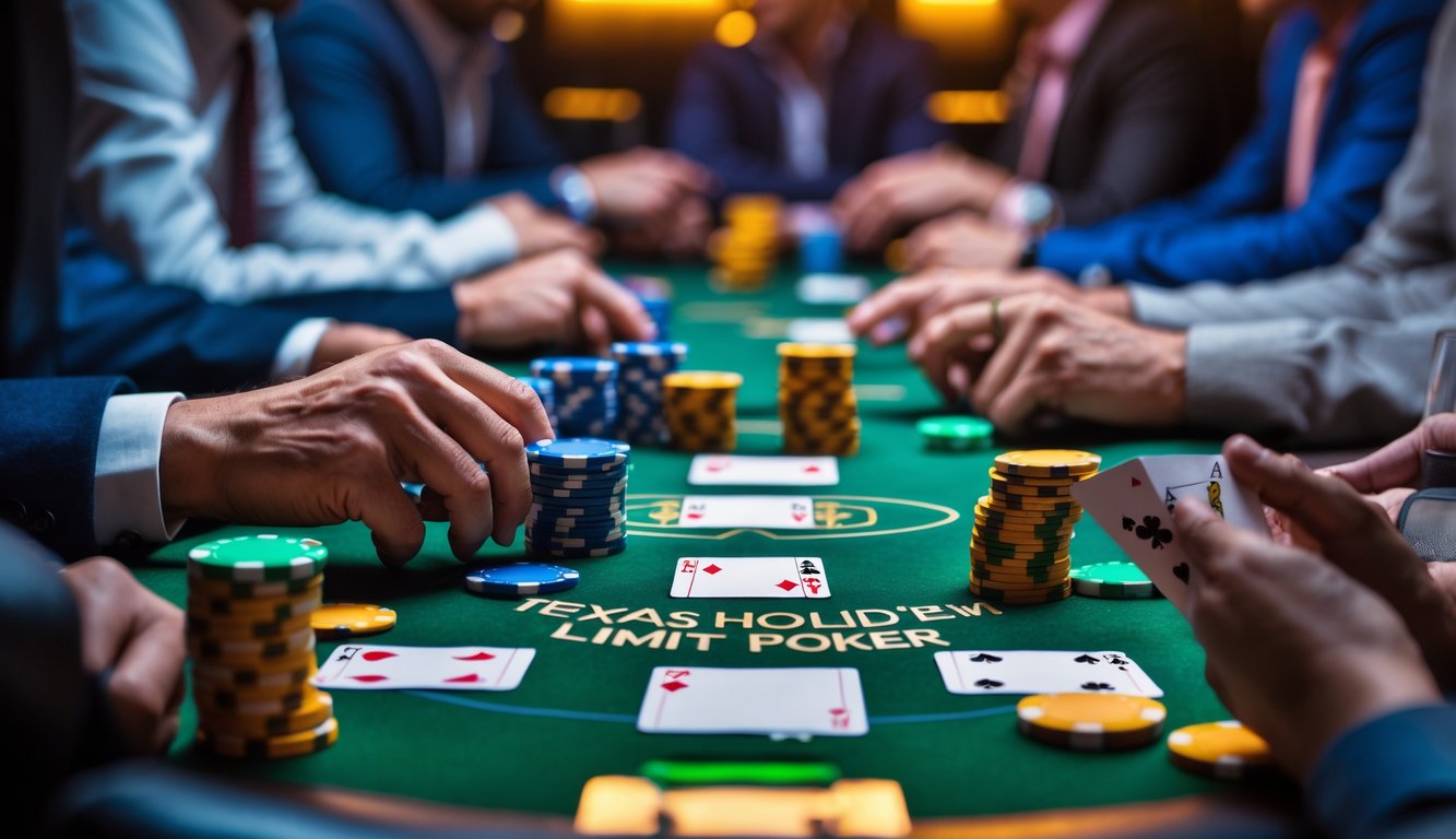 Suasana permainan poker Texas Hold’em dengan pemain serius di sekitar meja hijau, tumpukan chip dan kartu terlihat jelas.