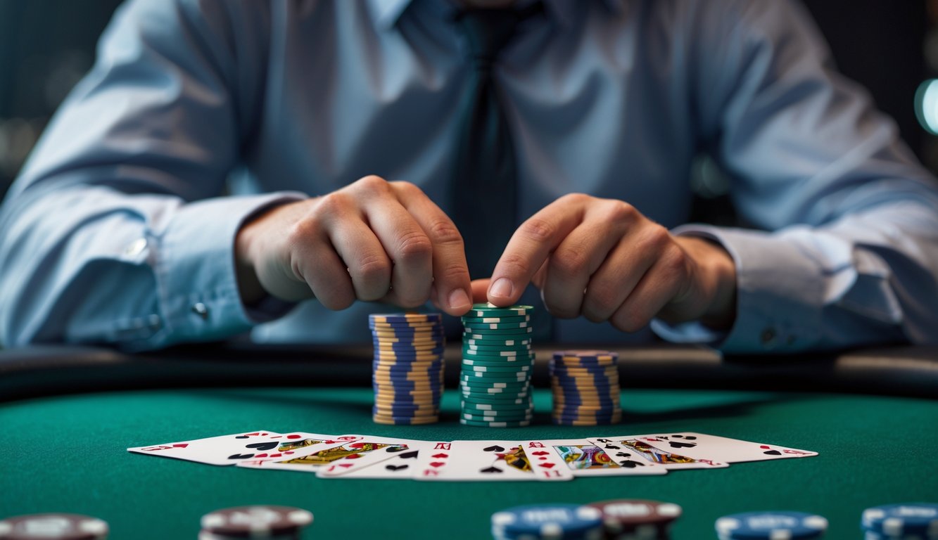 Seorang pemain poker fokus di meja Texas Hold'em dengan tumpukan chip terbatas dan kartu di atas meja.