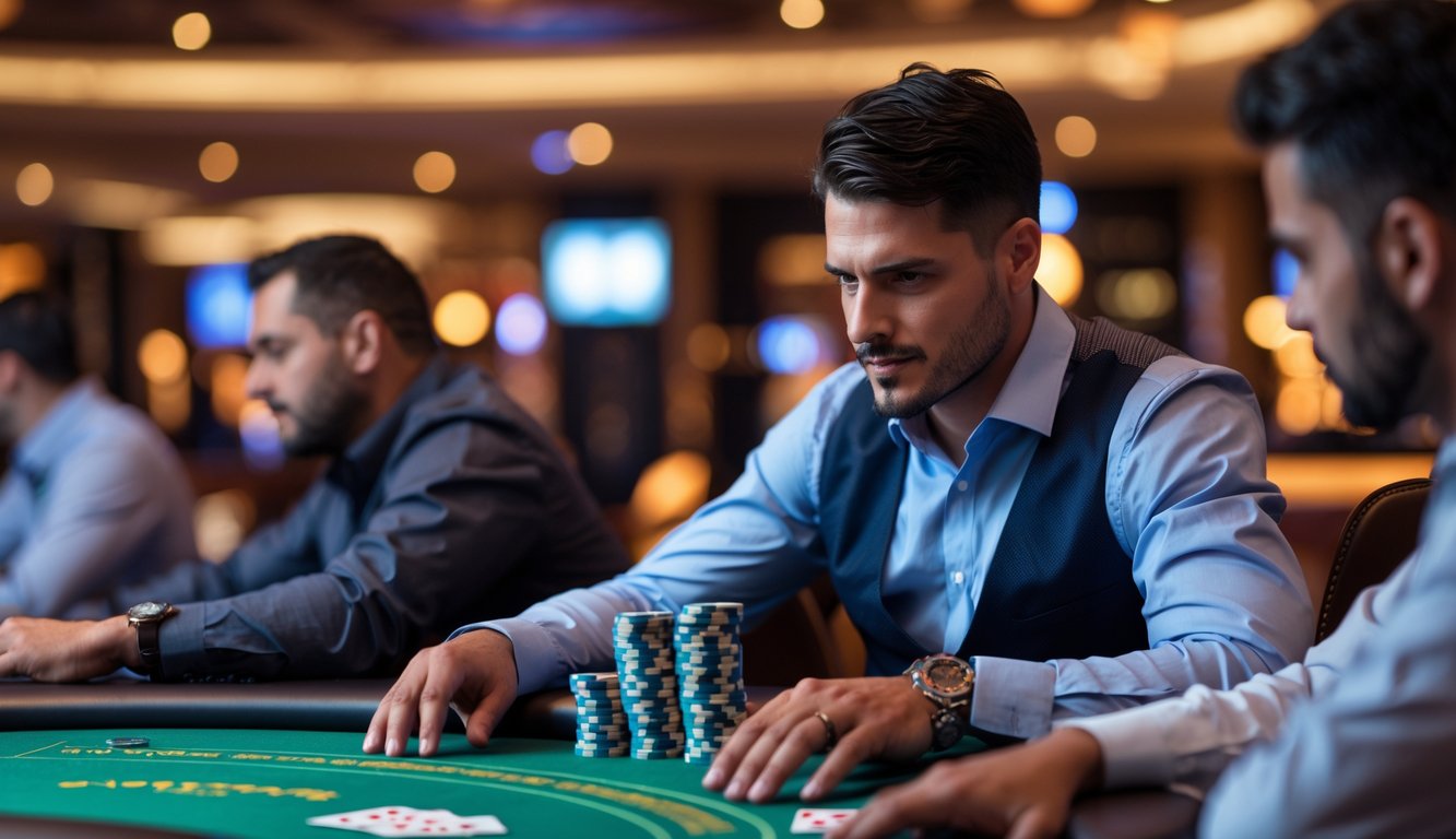 Seorang pria sedang bermain poker Texas Hold’em di meja kasino dengan tumpukan chip dan kartu di depannya.