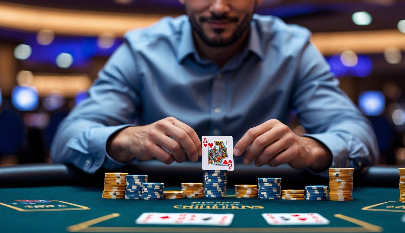 Seorang pria sedang bermain poker Texas Hold’em di meja kasino dengan ekspresi fokus dan tumpukan chip di depannya.
