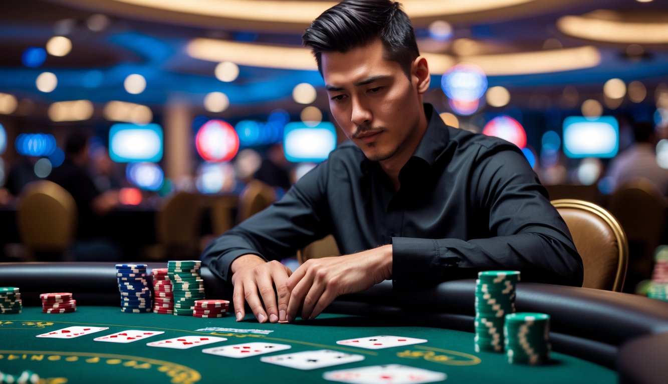 Seorang pemain poker fokus di meja Texas Hold’em dengan kartu dan chip poker di depan, suasana kasino terlihat di latar belakang.