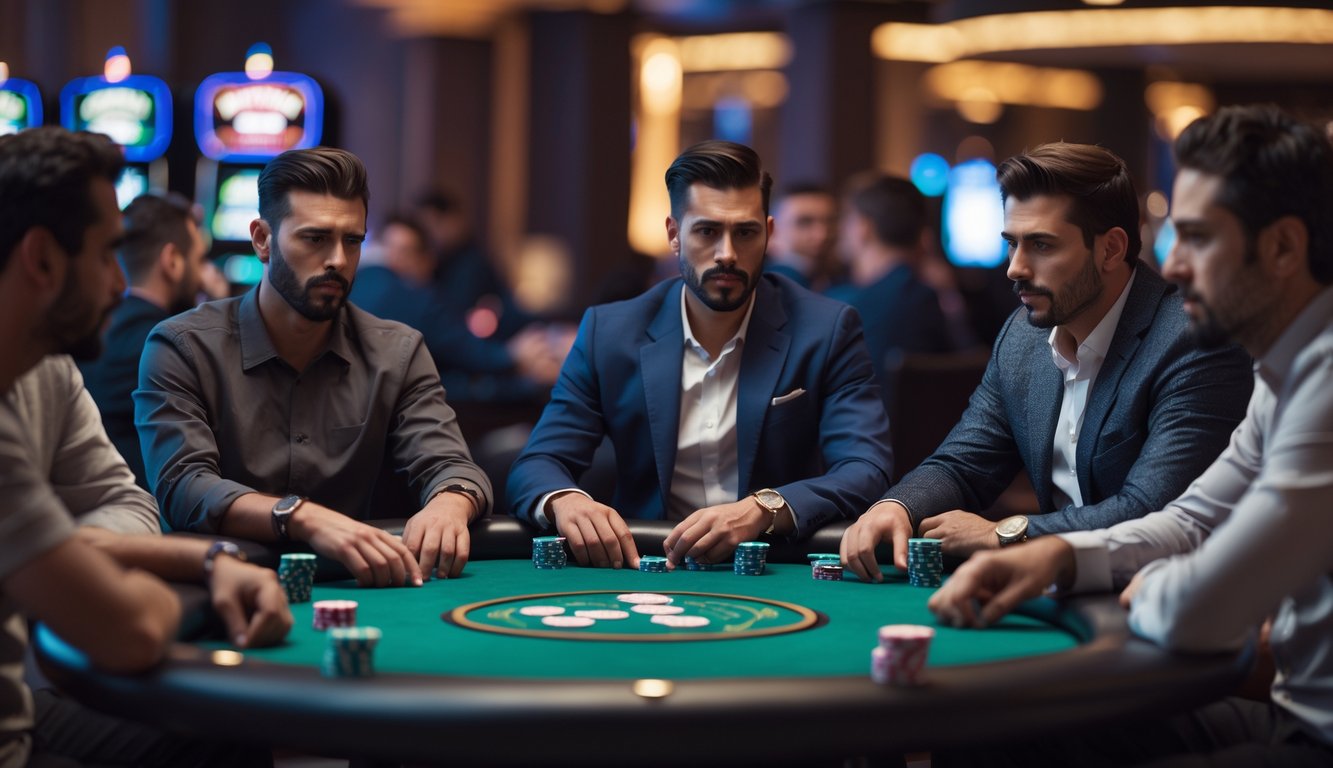 Sekelompok pria sedang bermain poker Texas Hold'em di meja kasino dengan ekspresi serius dan fokus.