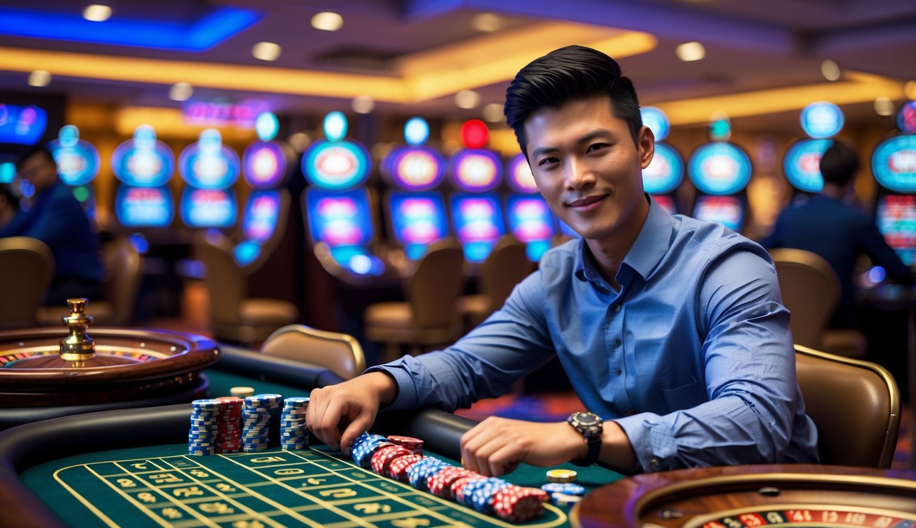 Seorang pria muda duduk di meja kasino dengan beberapa roda roulette yang berputar, tampak fokus dan tersenyum di lingkungan kasino yang modern.