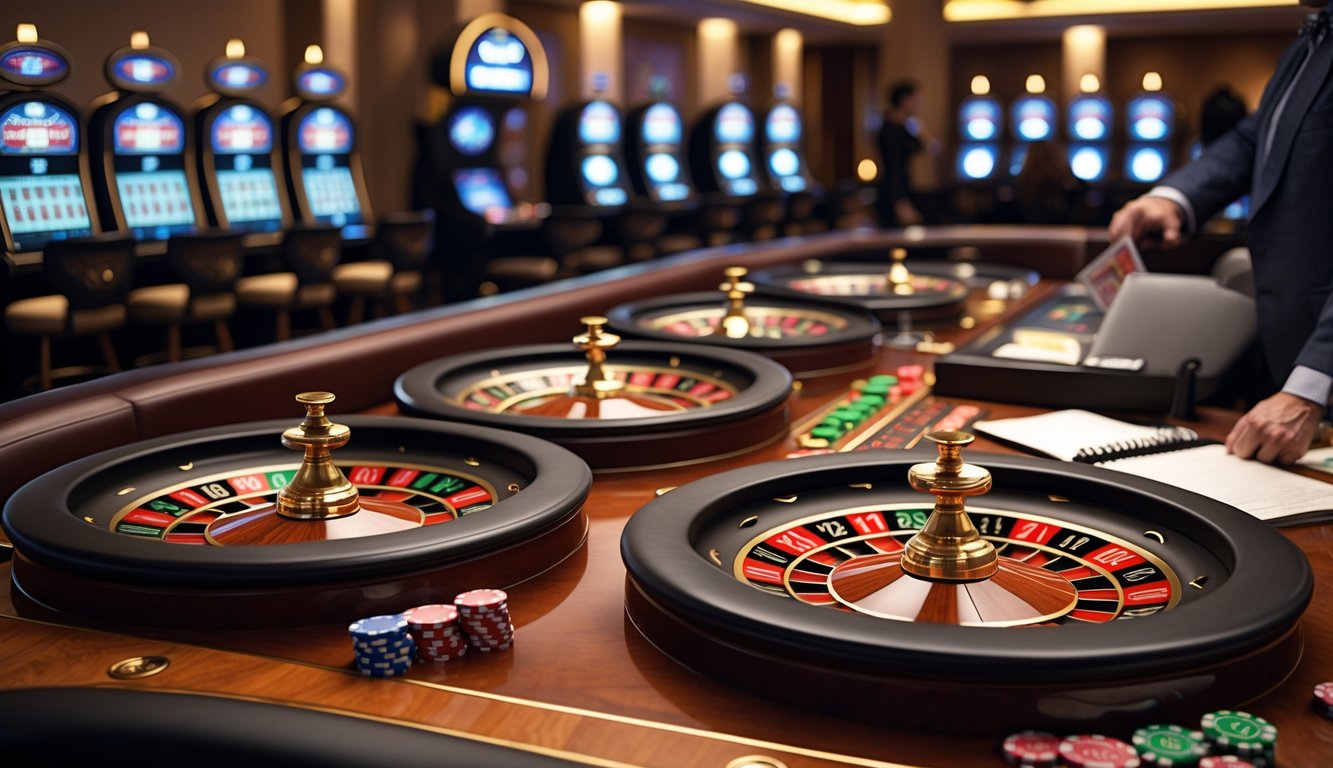 Seorang pemain sedang fokus menganalisis beberapa roda roulette yang berputar di meja kasino.