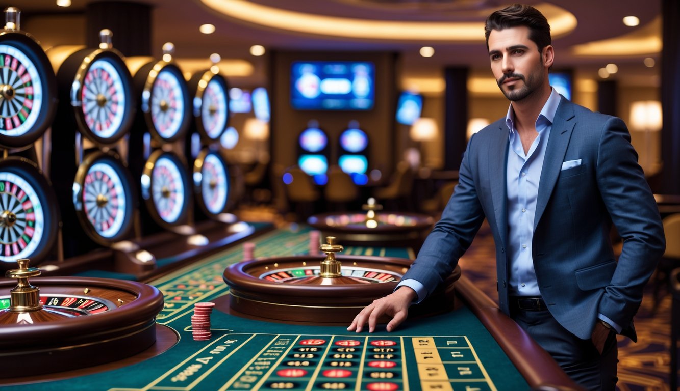 Seorang pria berdiri di samping meja roulette multi-wheel di dalam kasino dengan beberapa roda roulette berputar dan chip warna-warni di atas meja.