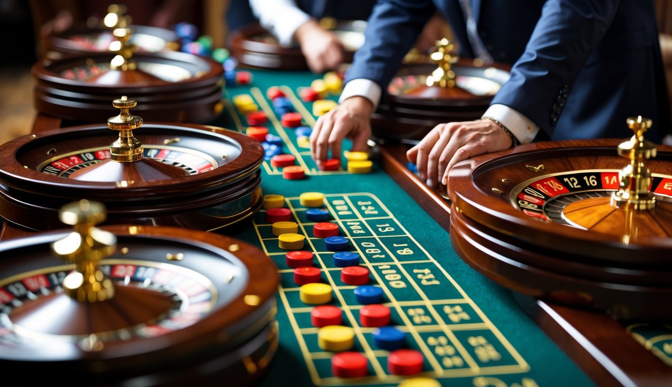 Seorang pemain berjudi di meja roulette multi-wheel dengan beberapa roda roulette dan chip taruhan di atas meja.