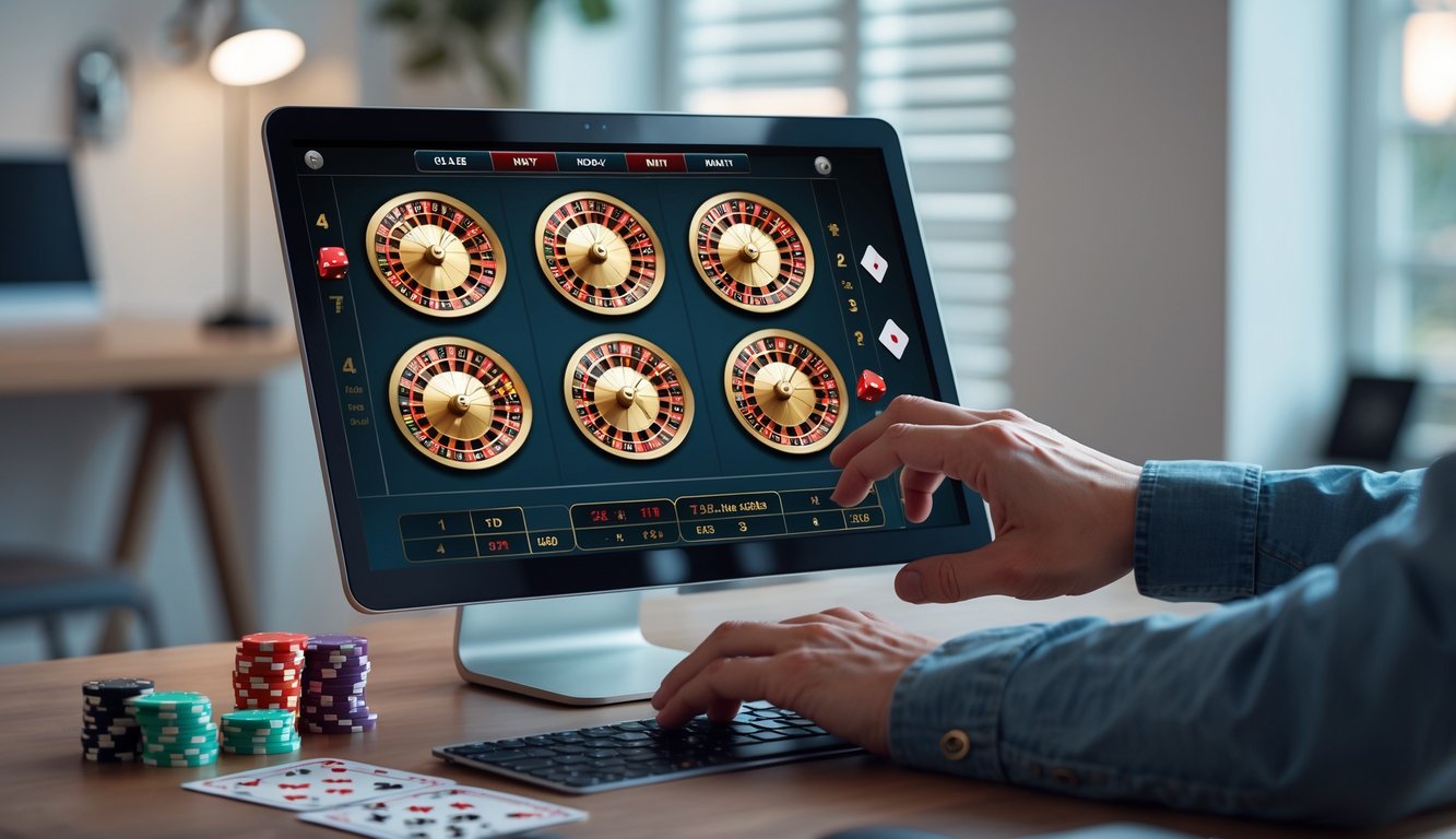 Seseorang menggunakan komputer dengan beberapa roda roulette digital yang terlihat di layar, sedang memasang taruhan dalam permainan judi online.