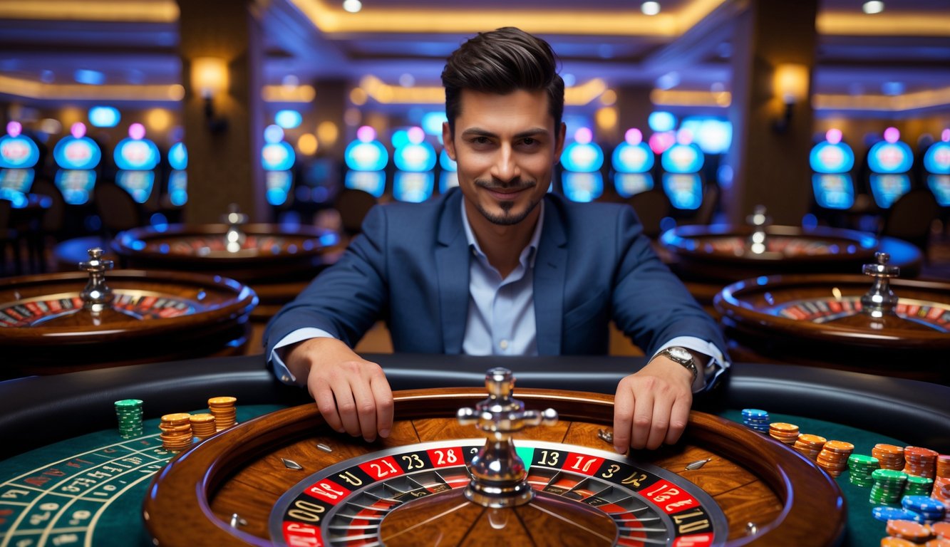 Seorang pria fokus bermain multi-wheel roulette di meja kasino dengan beberapa roda roulette berputar dan chip warna-warni di sekitarnya.