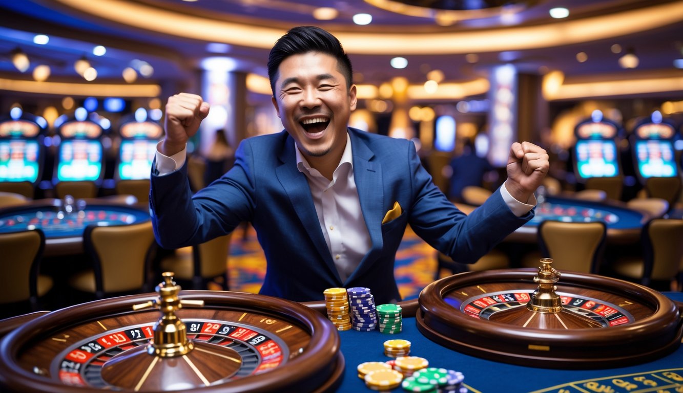 Seorang pria Asia merayakan kemenangan besar di meja roulette multi-roda di kasino.
